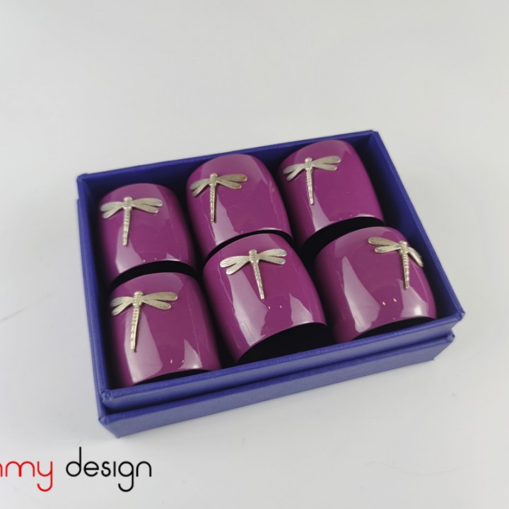 Set of 6 purple napkin rings attached with dragonfly